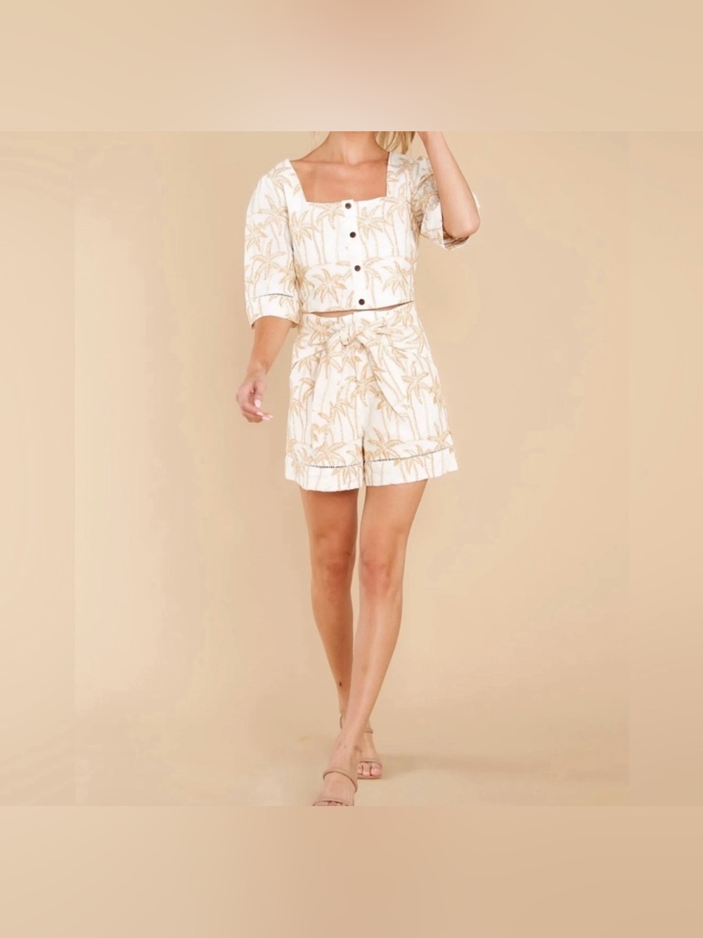 Scotch & Soda Cream Palm-Print Top and High-Waist Shorts (Selling as a Set)